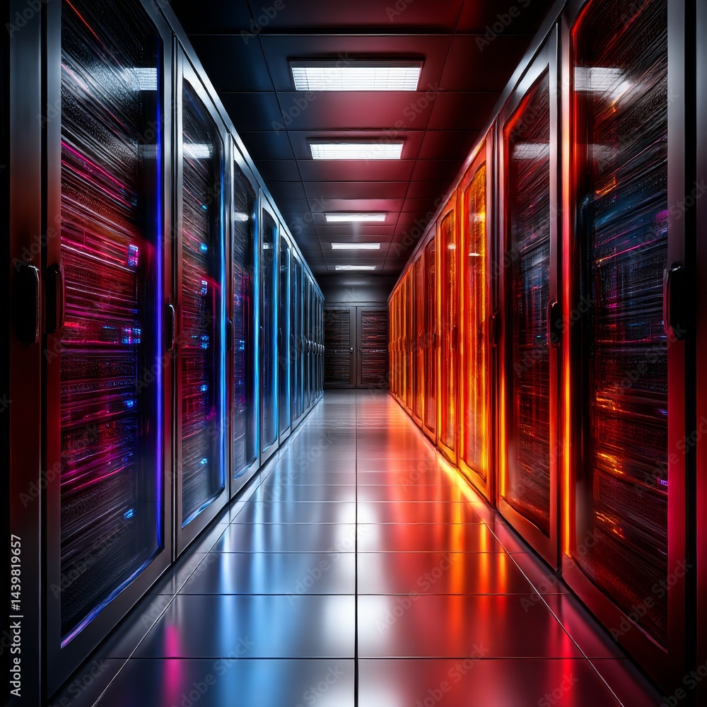 Poster illuminated data center: red and blue server racks in a modern colocation facility with reflected li