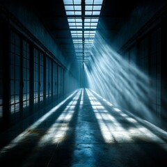 Illuminated Path: Light Streaks Through an Abandoned Industrial Hallway, Creating a Surreal and Dramatic Perspective
