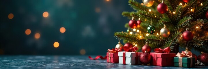 Decorated fir tree with presents & twinkling lights Merry Christmas & Happy New Year card , decoration, christmas