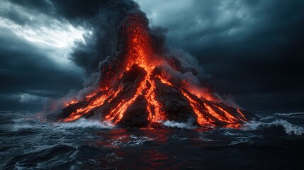 A majestic volcanic eruption is presented, where molten lava flows down the slopes, contrasted against the roaring ocean waves, showcasing nature's magnificent violence and beauty.