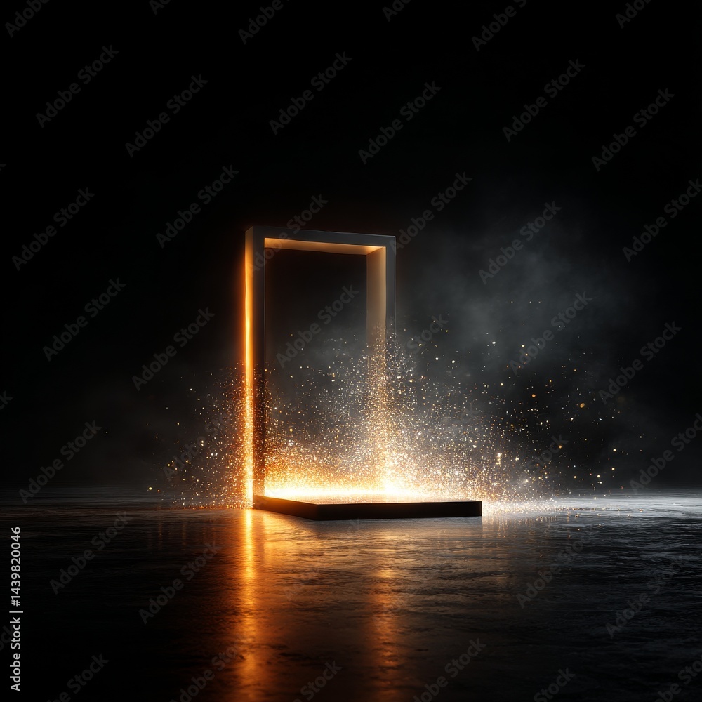 Aufkleber Mystical Portal: A Gateway of Golden Sparks and Light Erupts from a Sleek, Modern Archway Against a Dark Background