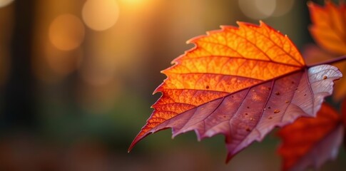 Macro shot of textured orange and red autumn leaf with soft focus background, botany, autumn colors, foliage