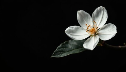 Fototapeta premium Delicate white blossom, stark black backdrop, dramatic lighting , plant, beauty