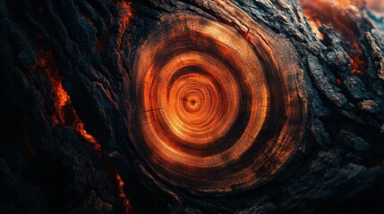 Fiery Tree Trunk Cross-Section, Background of Burning Wood