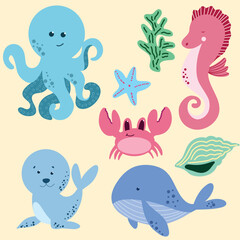 Vector set of sea creatures in cartoon style