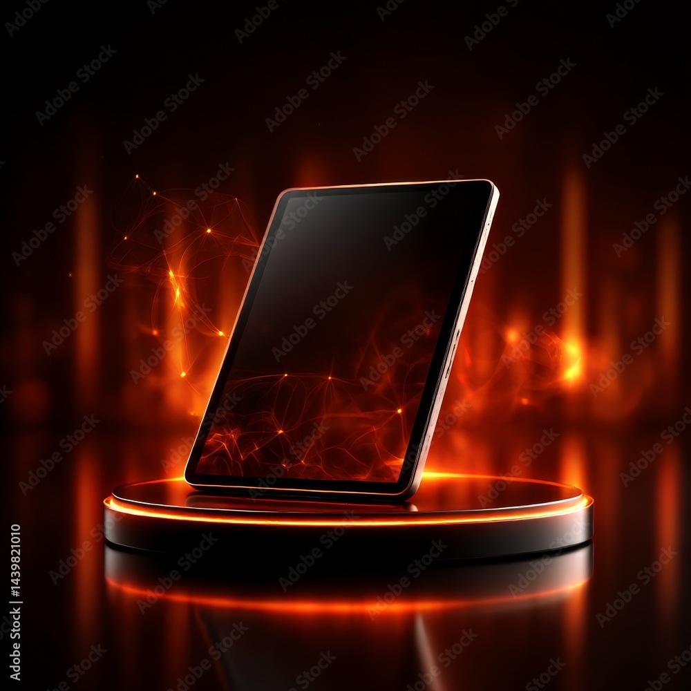 Aufkleber Sleek Tablet on Illuminated Platform with Fiery, Abstract Network Glow - Cutting-Edge Technology Design Showcase