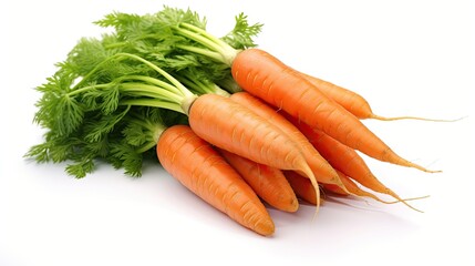 Fresh carrots featuring lush green tops are arranged on a clean white background, highlighting their vivid orange hues and natural forms