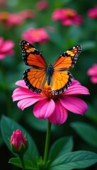 Intricate butterfly on heart-shaped petals, vibrant plant backdrop , soft, flora, magical
