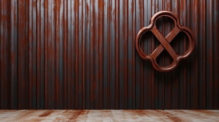 An elegant wooden symbol is presented against a rusty wall, combining elements of nature and decay, evoking a sense of nostalgia and beauty within the artwork's design.