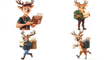 Four cute cartoon deer delivering mail.