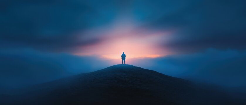 Man silhouette atop misty hill