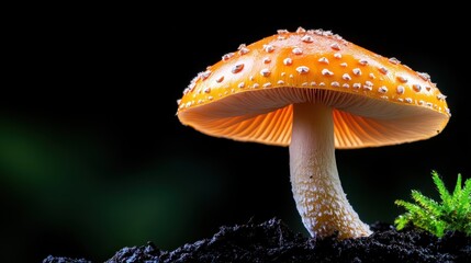 A striking orange mushroom emerging from the soil in a dark forest, showcasing the stark contrast of colors and a sense of wonder in the natural environment.