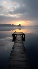 Peaceful sunrise over a lake with a wooden pier, tranquil morning scene, perfect for relaxation