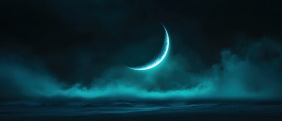 Fototapeta premium Glowing crescent moon over misty landscape