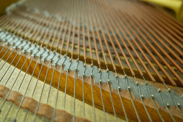 Close up of piano strings in a grand piano
