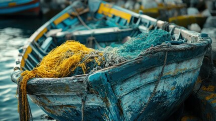 Close-up of weathered fishing boat filled with colorful tangled fishing nets and rope on dockside with water in background, detailed maritime scene