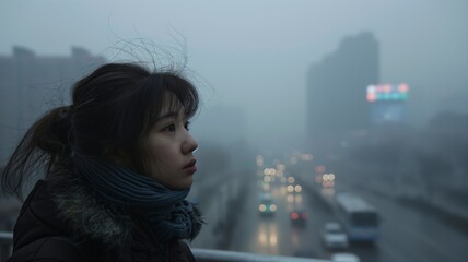 Urban skyline shrouded in smog as a woman contemplates the impact of air pollution on health