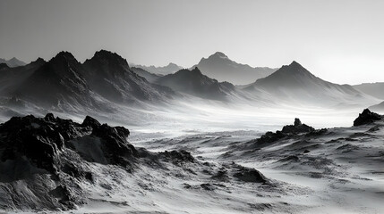 Fototapeta premium Monochrome Mountain Majesty: A Panoramic View of a Dramatic Desert Landscape