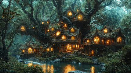 Magical village of glowing treehouses nestled in an enchanted forest by a river, evoking fantasy, wonder, and fairy tale adventure themes.
