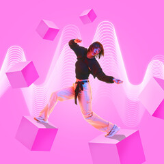 Stylish woman dancing among floating cubes in pink neon room with light waves. Contemporary art collage. Concept of dance, futurism, youth culture, creativity, surrealism. Poster