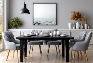 Modern dining room interior with a black table and gray chairs, a white wall mock-up for artwork or photo frame display, and a neutral color scheme