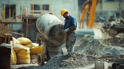 Construction Worker Operating a Cement Mixer
