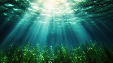 Fototapeta premium A breathtaking underwater scene featuring radiant light beams penetrating through the surface, illuminating vibrant aquatic flora in a tranquil oceanic setting.