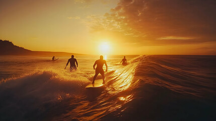 Surfers catching the sunset: Golden hour surfing session