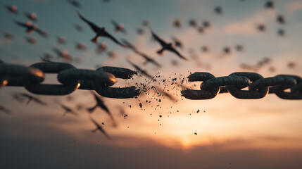 Broken metal chain against sunset, birds in flight symbolize freedom, independence, and overcoming adversity