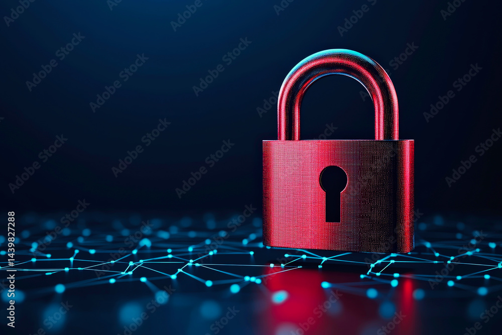 Poster advanced electronic lock levitating symbolizing cybersecurity measures for protecting sensitive digi