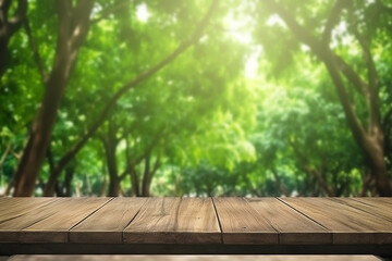 Rustic Wooden Tabletop with Lush Green Forest and Soft Sunlight in the Background.
