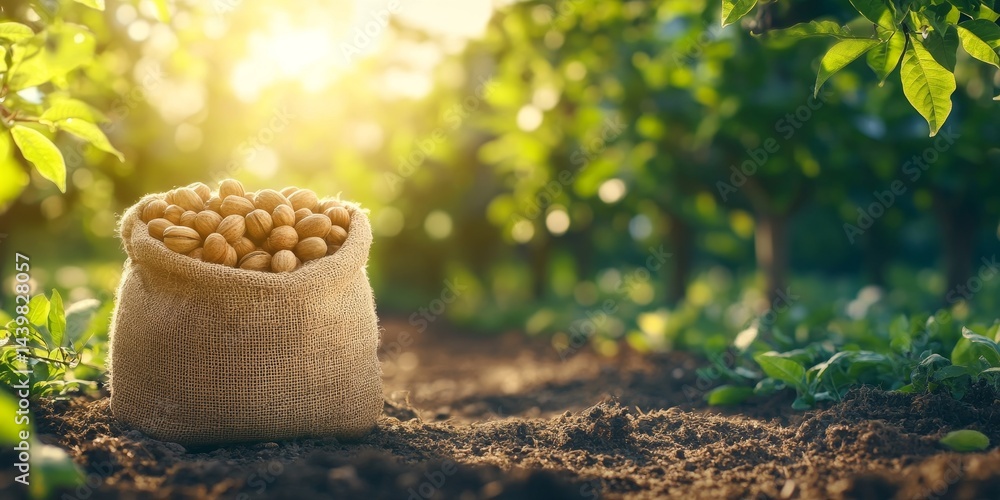 Aufkleber burlap sack overflowing with shelled pecans in a sunny orchard setting ample copy space
