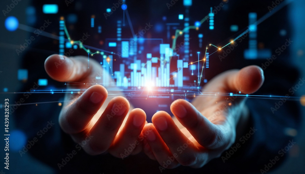Poster data in hand: a person gently cradles a luminous, digital representation of data flow, symbolizing i