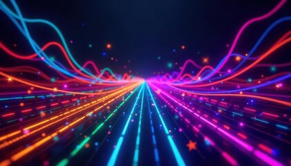 Colorful laser lights, swirling patterns, dark background, illusion, motion, colorful