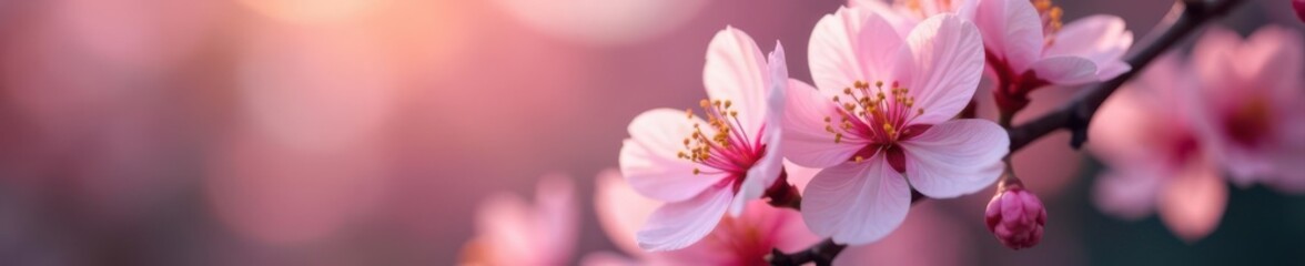Naklejka premium Delicate pink blossoms, soft focus, bokeh effect, oriental, macro