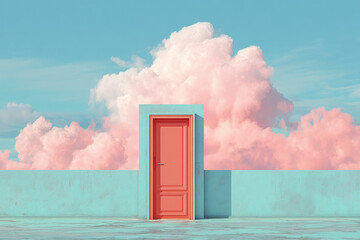Coral door in light-blue wall against pastel pink cloudscape, creating a surreal, dreamy atmosphere, suggesting new beginnings or opportunities, ideal for inspirational or whimsical projects