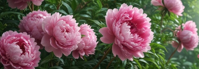 Obraz premium Luscious pink peonies, lush green foliage, close-up , fresh, fresh, floral