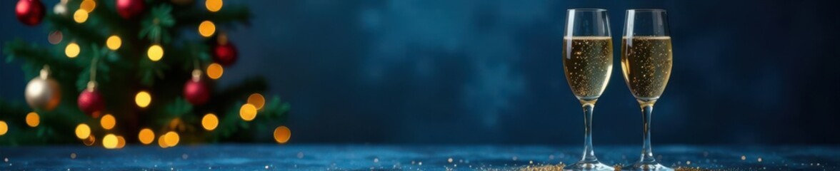Elegant champagne flutes, Christmas tree, glitter, dark blue background , luxury, christmas