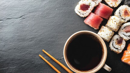 Fresh Sushi Rolls, Soy Sauce, and Chopsticks on Black Slate Background