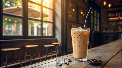 Iced Coffee Delight in Cozy Caf&eacute; with Rustic Golden Ambiance