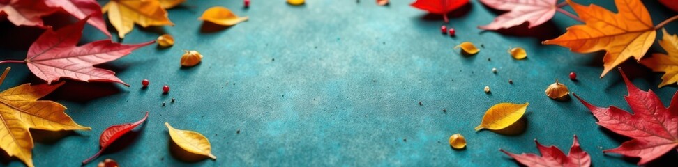 Obraz premium Rustic autumn leaf collection on a calming blue surface Intricate detail , composition, nature, details