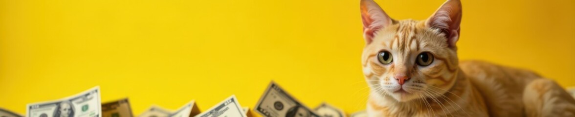 Cool cat, shades, dollar bills, yellow backdrop, cool, dollars