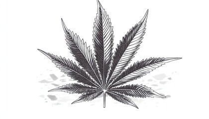 Detailed hand drawn depiction of a cannabis leaf on white background