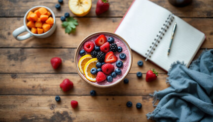 Vibrant breakfast bowl: An overhead shot of a delicious and colorful breakfast bowl filled with berries and fresh fruits, ready to fuel your day on a rustic wooden table.