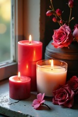 Elegant scented candles, various shapes & colors, isolated, background, festive