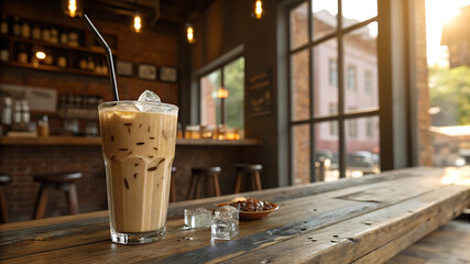 Iced Coffee Delight in Cozy Café with Rustic Golden Ambiance