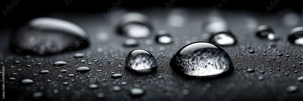 Aufkleber macro water droplets on black hydrophobic surface, creating abstract pattern with reflections