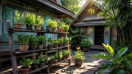Garden corner with rustic huts and tiered plant shelves.