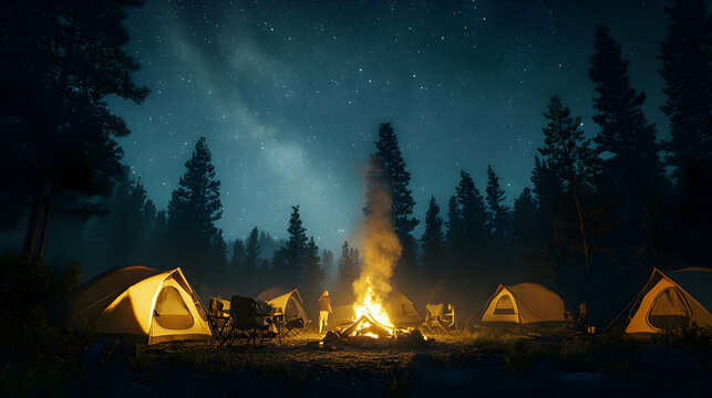 Camping under the starry night sky illuminated by a warm campfire