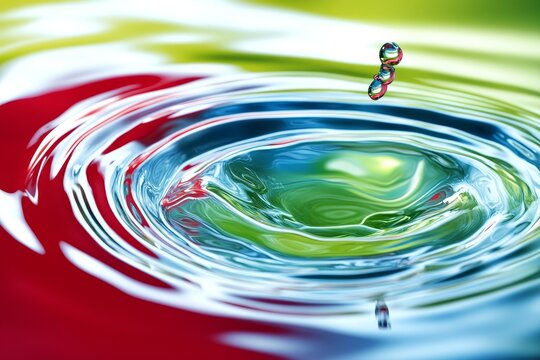 Vibrant water droplet impacting colorful surface.